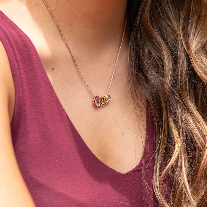 Rings Maui Divers Jewelry hia Lehua Ruby Pendant in Two Tone Gold with Diamonds 24mm