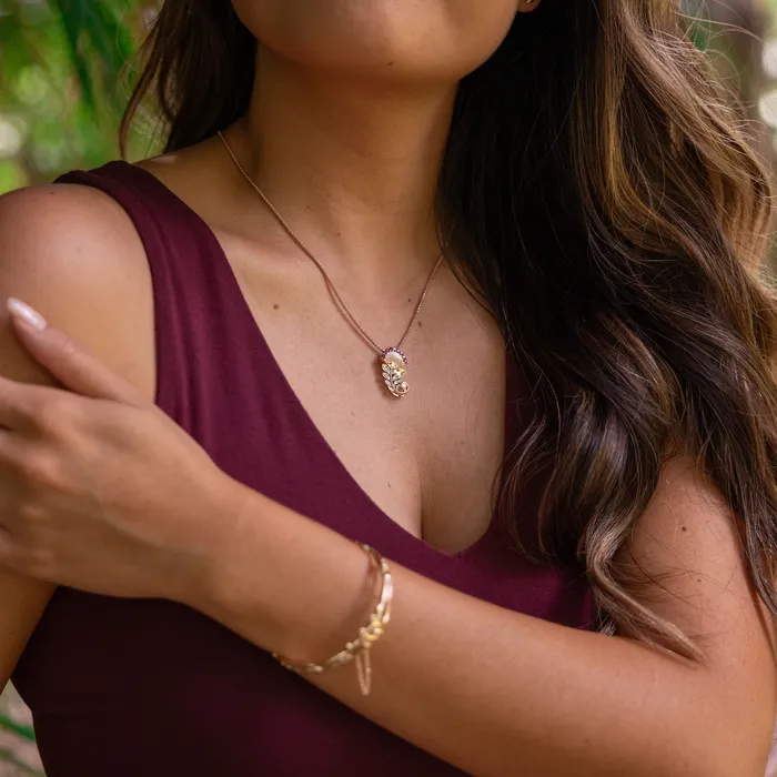 Rings Maui Divers Jewelry hia Lehua Ruby Pendant in Two Tone Gold with Diamonds 24mm