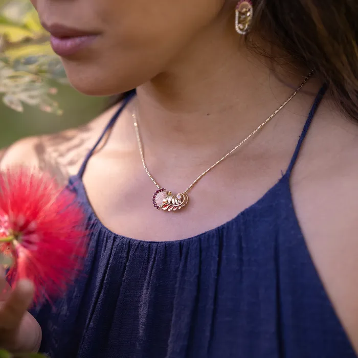 Rings Maui Divers Jewelry hia Lehua Ruby Pendant in Two Tone Gold with Diamonds 24mm