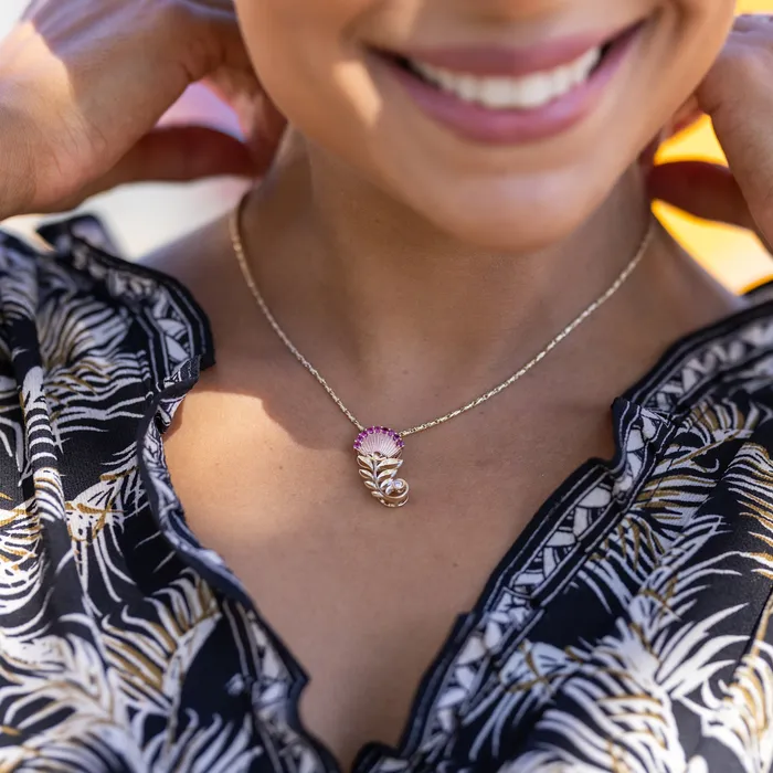 Rings Maui Divers Jewelry hia Lehua Ruby Pendant in Two Tone Gold with Diamonds 24mm
