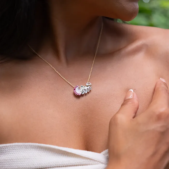 Rings Maui Divers Jewelry hia Lehua Ruby Pendant in Two Tone Gold with Diamonds 24mm