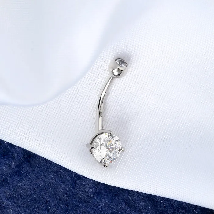 Rings OUFER BODY JEWELRY 14K White Gold Navel Ring Round Solitaire CZ 14G Belly Button Rings Rings OUFER BODY JEWELRY 14K White Gold Navel Ring Round Solitaire CZ 14G Belly Button Rings