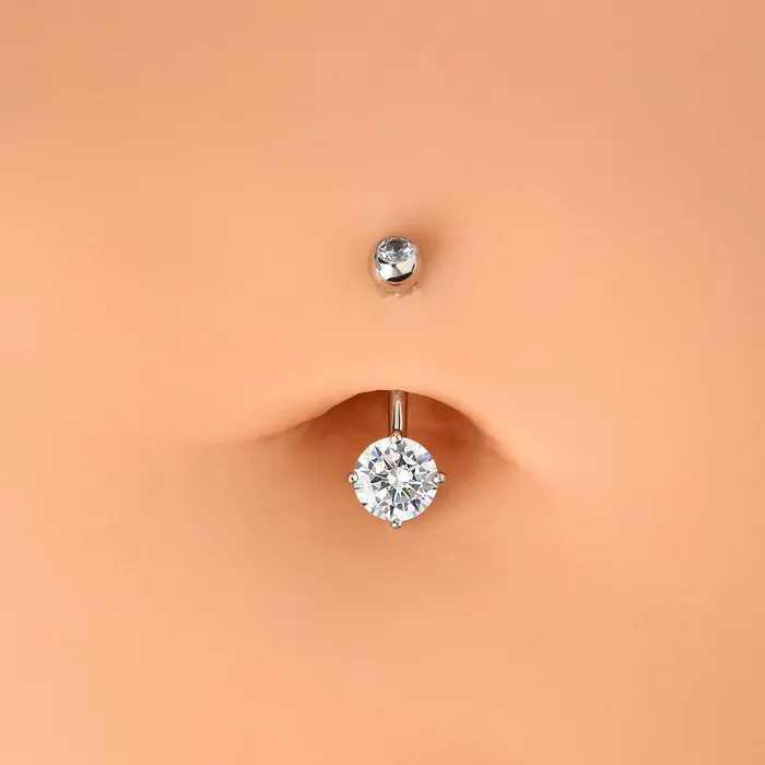 Rings OUFER BODY JEWELRY 14K White Gold Navel Ring Round Solitaire CZ 14G Belly Button Rings Rings OUFER BODY JEWELRY 14K White Gold Navel Ring Round Solitaire CZ 14G Belly Button Rings