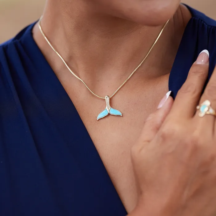 Sealife Whale Tail Turquoise Pendant in Gold with Diamonds 22mm Maui Divers Jewelry Necklaces