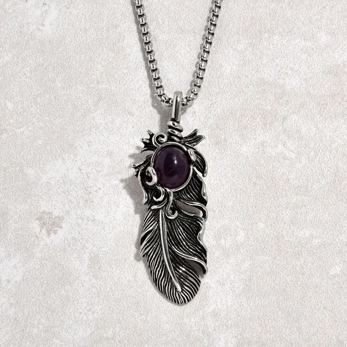 Silver Amethyst Feather Steel Hearts Necklace Kalifano Necklaces