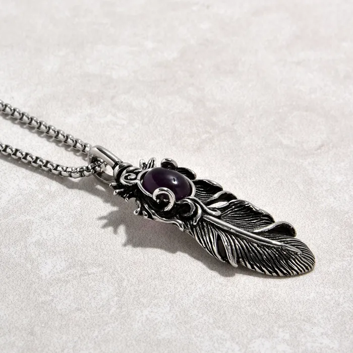 Silver Amethyst Feather Steel Hearts Necklace Kalifano Necklaces