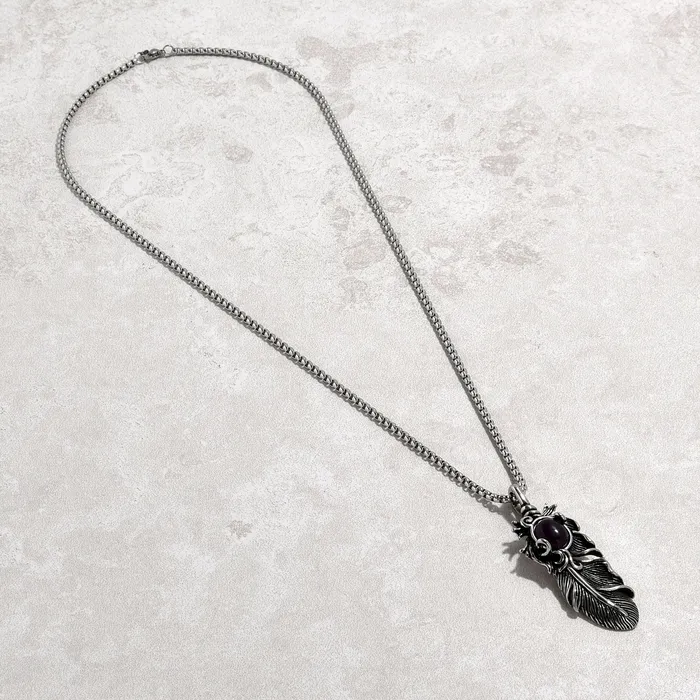 Silver Amethyst Feather Steel Hearts Necklace Kalifano Necklaces