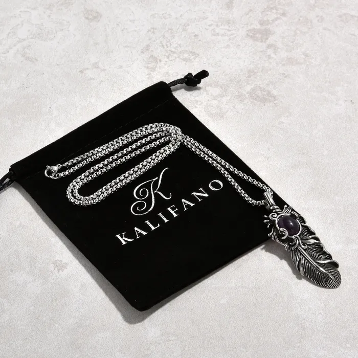 Silver Amethyst Feather Steel Hearts Necklace Kalifano Necklaces