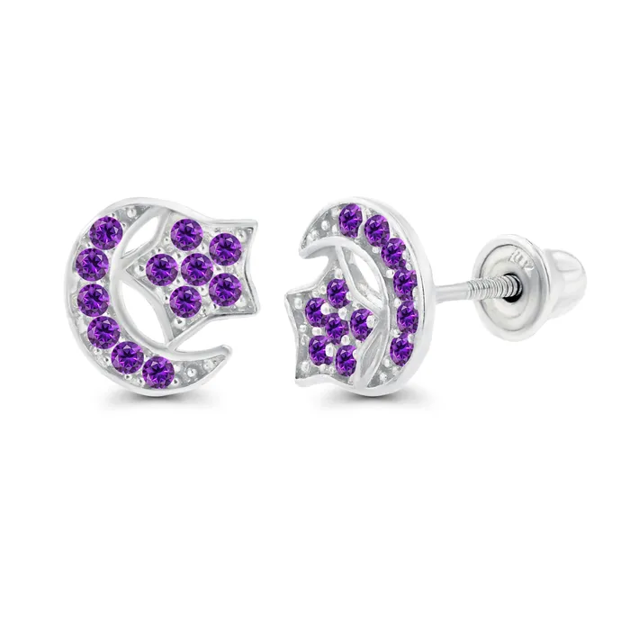 Silver Earrings Sterling Silver Rhodium 1mm Round Amethyst Moon Star Screwback Earrings Silver Earrings Sterling Silver Rhodium 1mm Round Amethyst Moon Star Screwback Earrings
