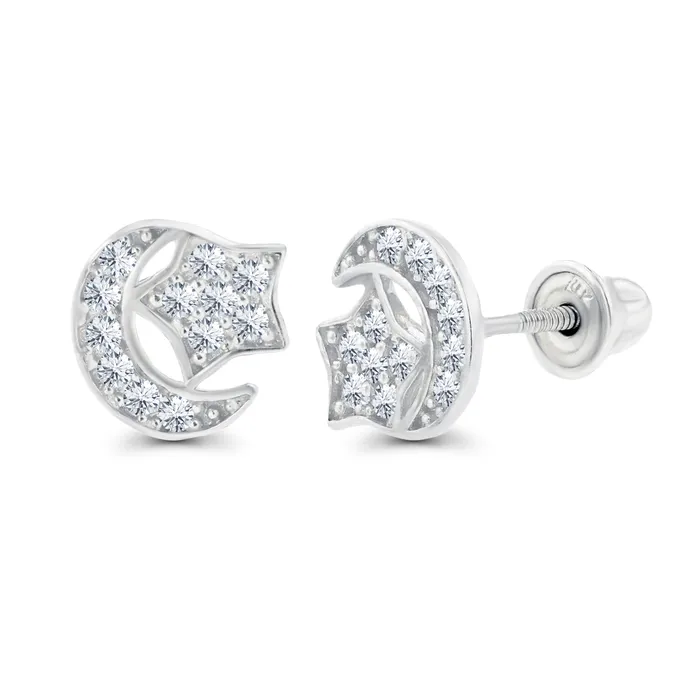 Silver Earrings Sterling Silver Rhodium 1mm Round Amethyst Moon Star Screwback Earrings Silver Earrings Sterling Silver Rhodium 1mm Round Amethyst Moon Star Screwback Earrings