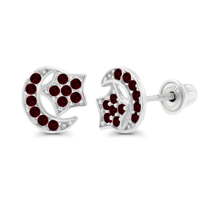 Silver Earrings Sterling Silver Rhodium 1mm Round Amethyst Moon Star Screwback Earrings Silver Earrings Sterling Silver Rhodium 1mm Round Amethyst Moon Star Screwback Earrings