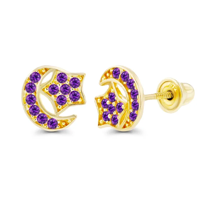Silver Earrings Sterling Silver Rhodium 1mm Round Amethyst Moon Star Screwback Earrings Silver Earrings Sterling Silver Rhodium 1mm Round Amethyst Moon Star Screwback Earrings