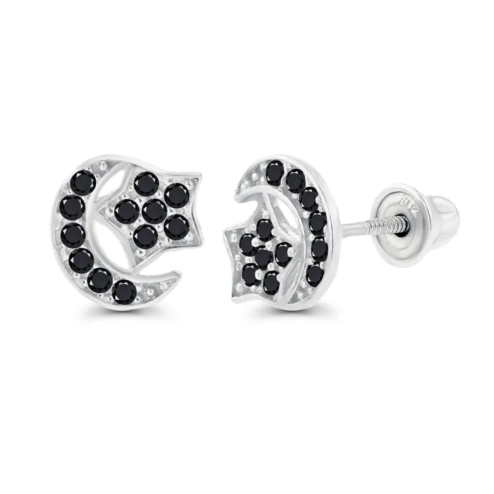 Silver Earrings Sterling Silver Rhodium 1mm Round Amethyst Moon Star Screwback Earrings Silver Earrings Sterling Silver Rhodium 1mm Round Amethyst Moon Star Screwback Earrings