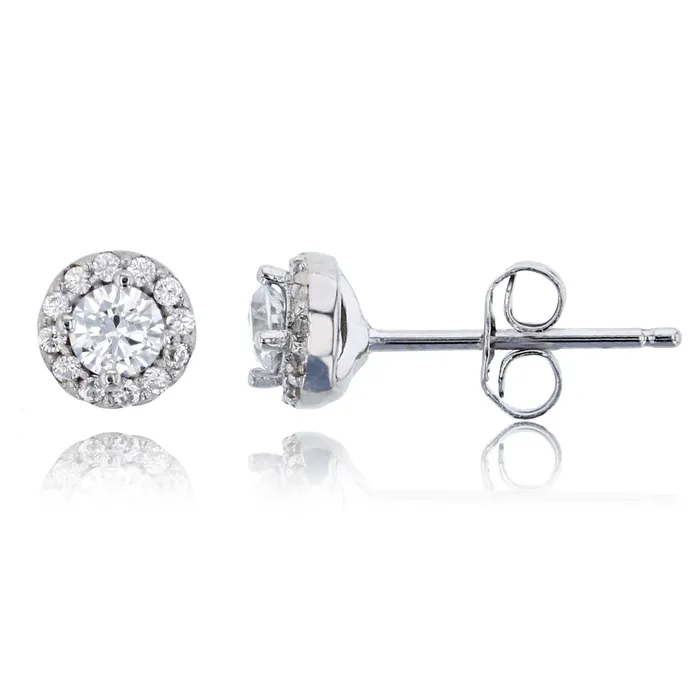 Silver Earrings Sterling Silver Rhodium 35mm Round Cut Halo Stud Earring