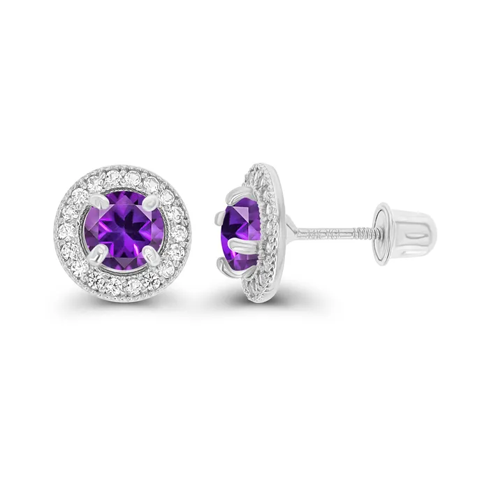 Silver Earrings Sterling Silver Rhodium 45mm Amethyst 1mm Created White Sapphire Milgrain Halo Screwback Earrings Silver Earrings Sterling Silver Rhodium 45mm Amethyst 1mm Created White Sapphire Milgrain Halo Screwback Earrings
