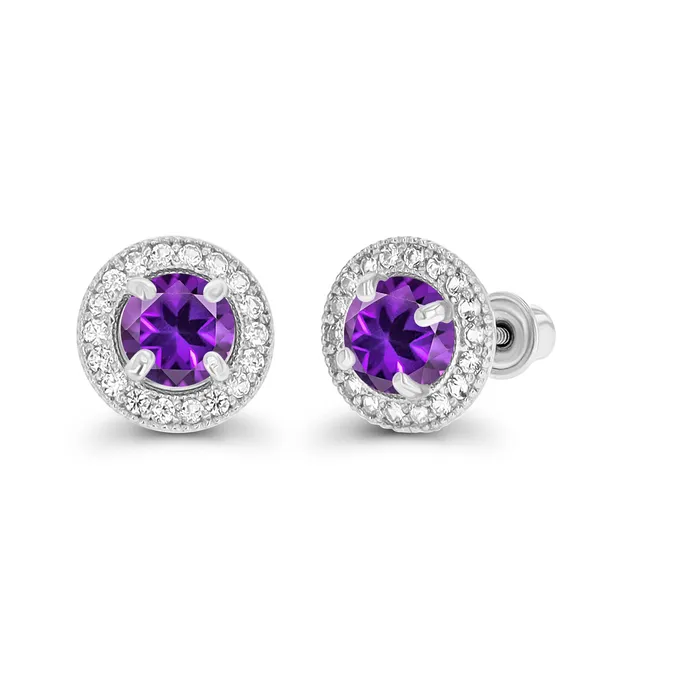 Silver Earrings Sterling Silver Rhodium 45mm Amethyst 1mm Created White Sapphire Milgrain Halo Screwback Earrings Silver Earrings Sterling Silver Rhodium 45mm Amethyst 1mm Created White Sapphire Milgrain Halo Screwback Earrings