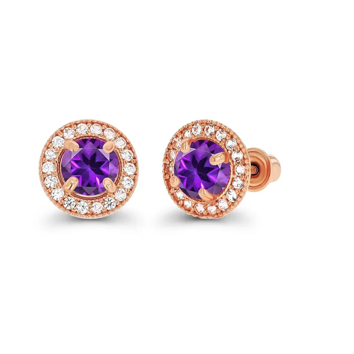 Silver Earrings Sterling Silver Rhodium 45mm Amethyst 1mm Created White Sapphire Milgrain Halo Screwback Earrings Silver Earrings Sterling Silver Rhodium 45mm Amethyst 1mm Created White Sapphire Milgrain Halo Screwback Earrings