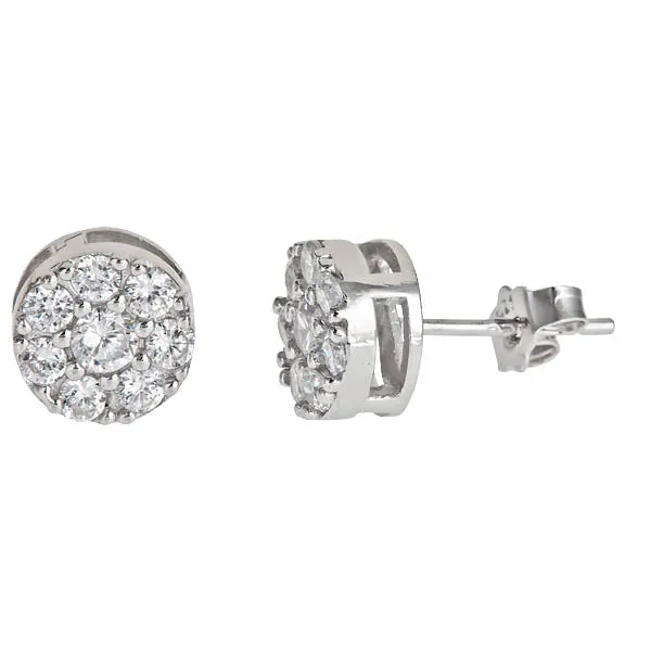 Silver Earrings Sterling Silver Rhodium 8mm Round Pave Cluster Stud Earring Silver Earrings Sterling Silver Rhodium 8mm Round Pave Cluster Stud Earring