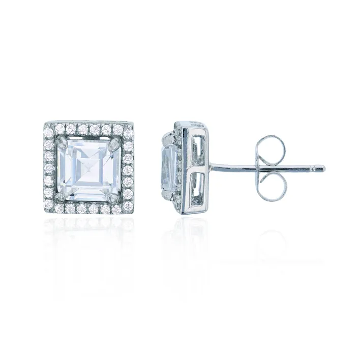 Silver Earrings Sterling Silver Rhodium 9mm Princess Round Cubic Zirconia Halo Stud Earring Silver Earrings Sterling Silver Rhodium 9mm Princess Round Cubic Zirconia Halo Stud Earring