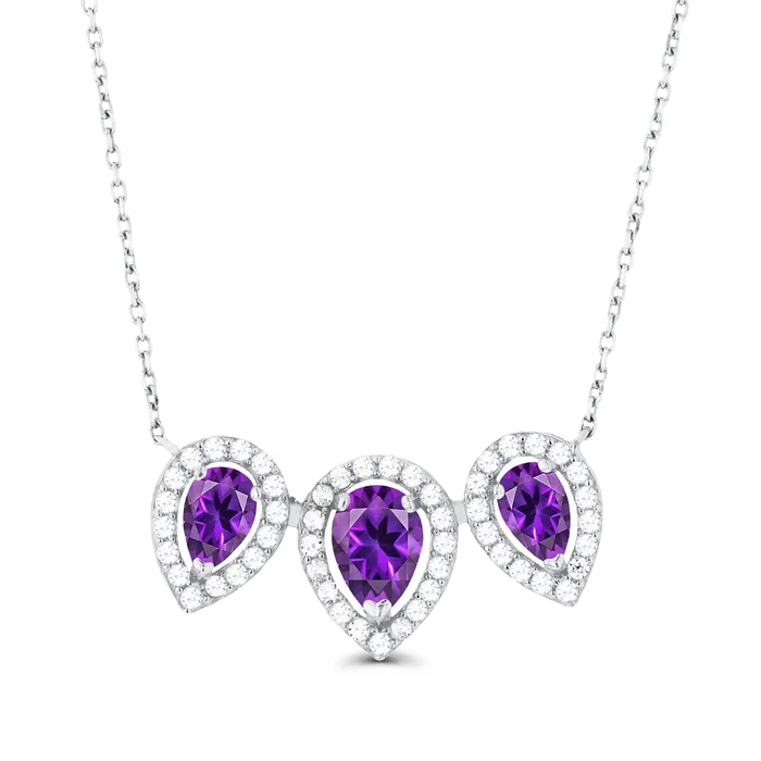 Silver Necklaces Sterling Silver Rhodium Triple Pear Amethyst Created White Sapphire Halo 18 Necklace Silver Necklaces Sterling Silver Rhodium Triple Pear Amethyst Created White Sapphire Halo 18 Necklace