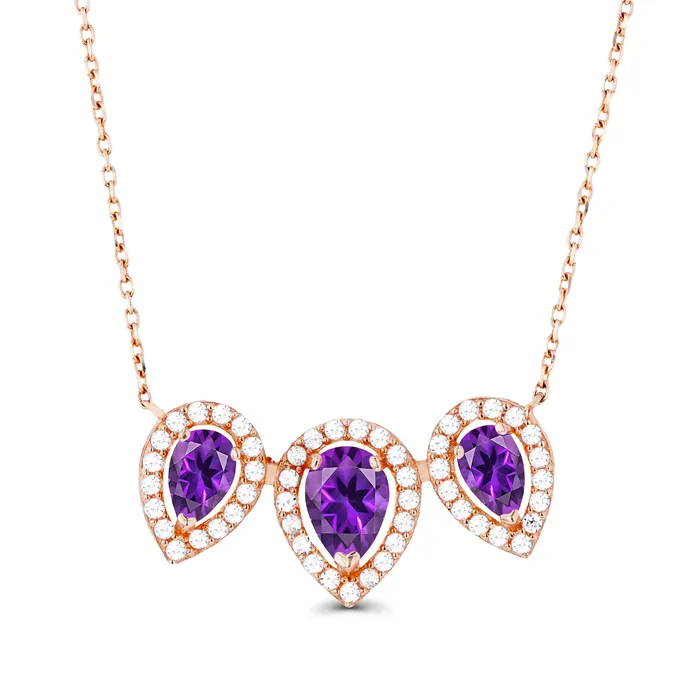 Silver Necklaces Sterling Silver Rhodium Triple Pear Amethyst Created White Sapphire Halo 18 Necklace Silver Necklaces Sterling Silver Rhodium Triple Pear Amethyst Created White Sapphire Halo 18 Necklace