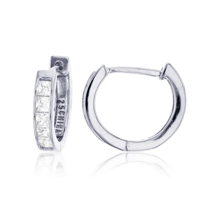 Silver Rings Sterling Silver 3x14MM Cubic Zirconia Channel Princess Cut Huggies Silver Rings Sterling Silver 3x14MM Cubic Zirconia Channel Princess Cut Huggies