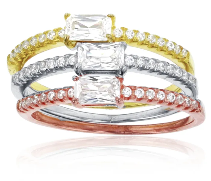 Silver Rings Sterling Silver TriColor Emerald and Round Three Fashion Stack Ring