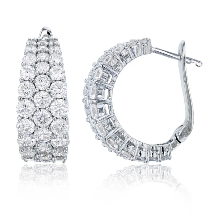 Silver Sterling Silver Rhodium 3Rows Pave Graduated 20x8mm Huggie Earring Earrings Silver Sterling Silver Rhodium 3Rows Pave Graduated 20x8mm Huggie Earring Earrings