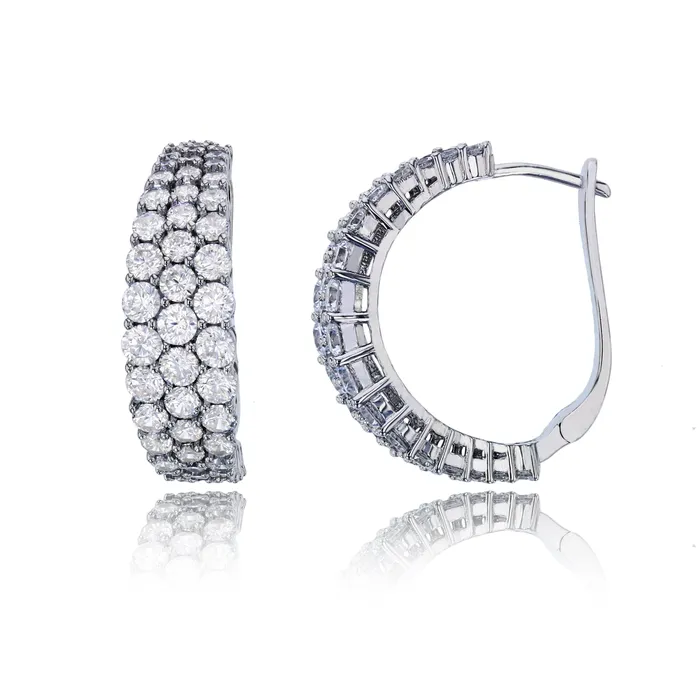 Silver Sterling Silver Rhodium 3Rows Pave Graduated 20x8mm Huggie Earring Earrings Silver Sterling Silver Rhodium 3Rows Pave Graduated 20x8mm Huggie Earring Earrings