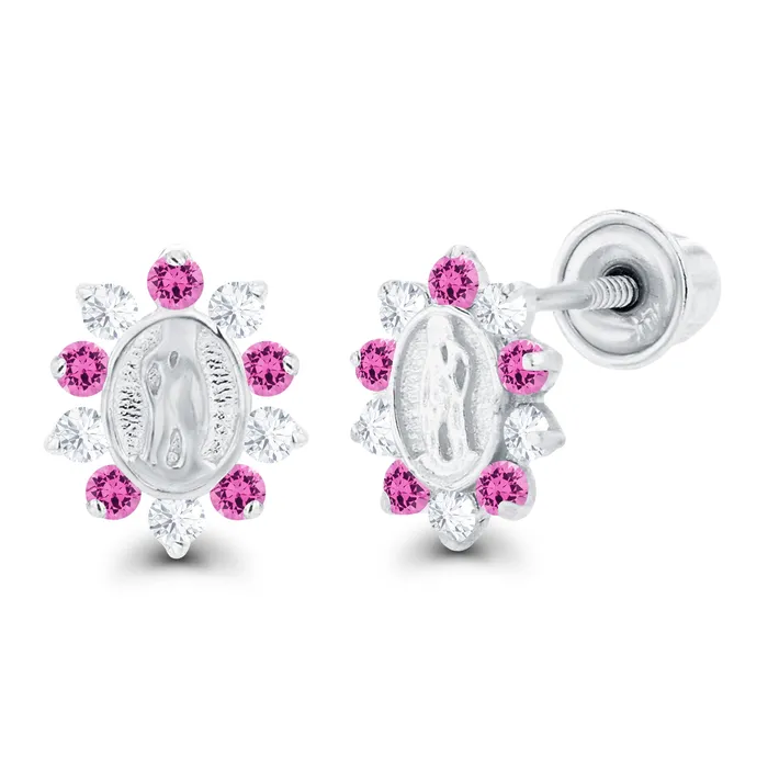 Sterling Silver Rhodium 1mm Round Created Pink Sapphire Created White Sapphire Religious Screwback Earrings Silver Earrings Sterling Silver Rhodium 1mm Round Created Pink Sapphire Created White Sapphire Religious Screwback Earrings Silver Earrings
