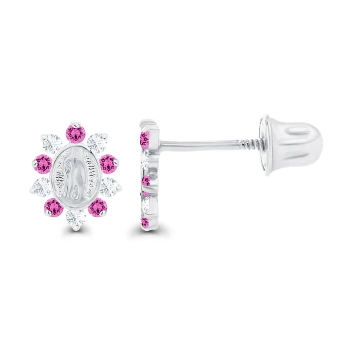 Sterling Silver Rhodium 1mm Round Created Pink Sapphire Created White Sapphire Religious Screwback Earrings Silver Earrings Sterling Silver Rhodium 1mm Round Created Pink Sapphire Created White Sapphire Religious Screwback Earrings Silver Earrings