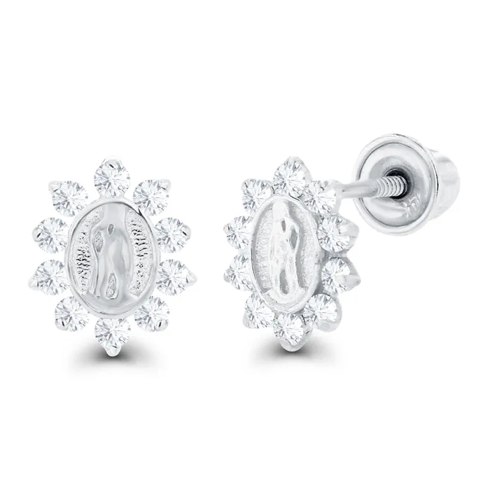 Sterling Silver Rhodium 1mm Round Created Pink Sapphire Created White Sapphire Religious Screwback Earrings Silver Earrings Sterling Silver Rhodium 1mm Round Created Pink Sapphire Created White Sapphire Religious Screwback Earrings Silver Earrings