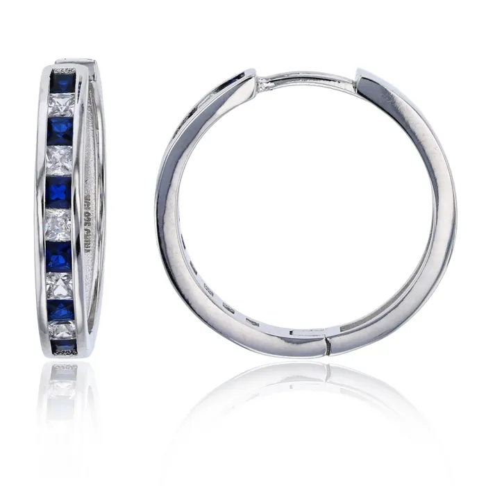 Sterling Silver Rhodium 20x3mm Alternating Sapphire White Princess Cut Cubic Zirconia Hoop Earring Silver Earrings Sterling Silver Rhodium 20x3mm Alternating Sapphire White Princess Cut Cubic Zirconia Hoop Earring Silver Earrings