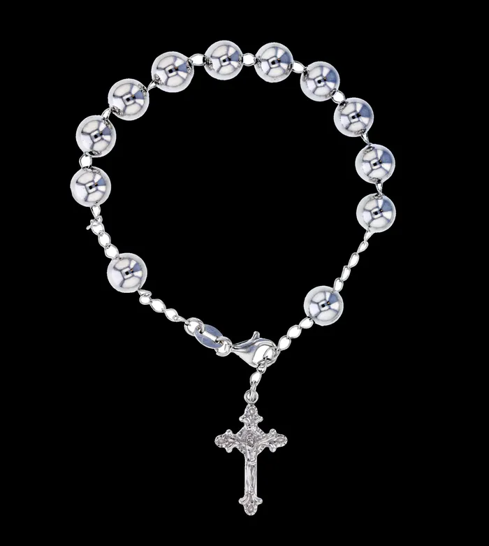 Sterling Silver Rhodium 25x15mm Crucifix Charm Beads on Chain 8Rosary Bracelet Silver Bracelets Sterling Silver Rhodium 25x15mm Crucifix Charm Beads on Chain 8Rosary Bracelet Silver Bracelets
