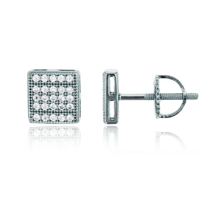 Sterling Silver Rhodium Pave 7mm Milgrain Square ScrewBack Stud Earring Silver Earrings Sterling Silver Rhodium Pave 7mm Milgrain Square ScrewBack Stud Earring Silver Earrings