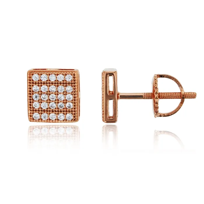 Sterling Silver Rhodium Pave 7mm Milgrain Square ScrewBack Stud Earring Silver Earrings Sterling Silver Rhodium Pave 7mm Milgrain Square ScrewBack Stud Earring Silver Earrings