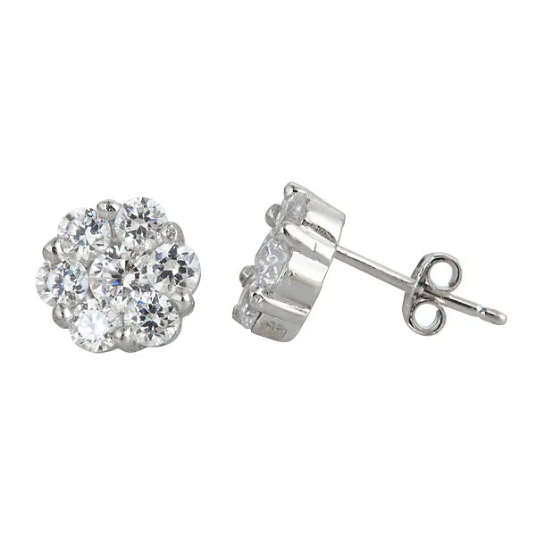 Sterling Silver Rhodium Pave Cluster Stud Silver Earrings