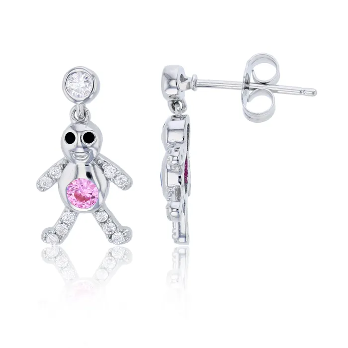 Sterling Silver Rhodium Pink White Round Cut Cubic Zirconia Smiling Child Dangling Earring Silver Earrings Sterling Silver Rhodium Pink White Round Cut Cubic Zirconia Smiling Child Dangling Earring Silver Earrings