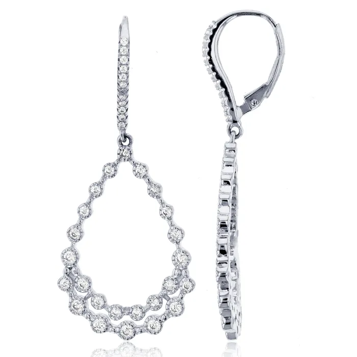Sterling Silver Rhodium Round Cubic Zirconia Bezel Diamond Cut Circles Open Pear ShapeDangling Earring Silver Earrings