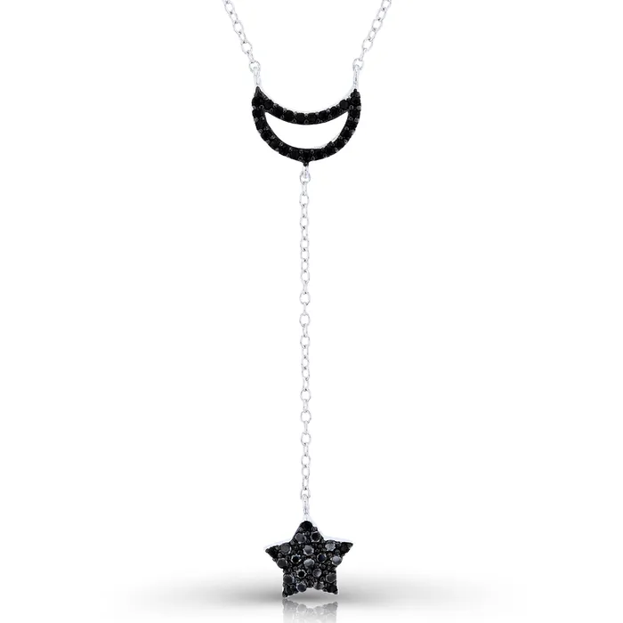 Sterling Silver TwoTone Round Black Spinel Moon with Star Dangling on 15Spool 162Necklace Silver Necklaces Sterling Silver TwoTone Round Black Spinel Moon with Star Dangling on 15Spool 162Necklace Silver Necklaces