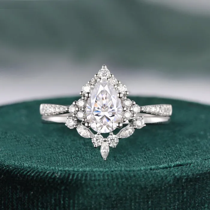 Vintage Style Bridal Ring Set Pear Cut Center Stone Flawless Moissanite Rings Vintage Style Bridal Ring Set Pear Cut Center Stone Flawless Moissanite Rings